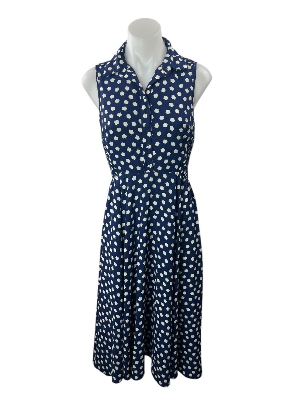 Kate Spade Navy Blue Polka Dots Sleeveless Button Front A Line Midi Dress Size 2